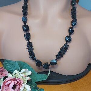 Black Stone Bead And Chip Necklace 24"